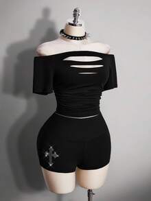 SHEIN ICON Quần short thời trang cạp chun đính đá chéo cỡ lớn cho nữ - màu đen - Xem 8