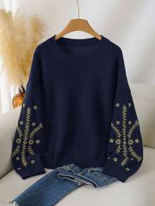 CosyJoli Pull oversize décontracté à col rond ajusté avec broderie florale, décontracté pour femmes, pull décontracté pour femmes - Bleu marine - Voir 6