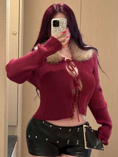 Dazy Plus Cardigan ajusté à col en fausse fourrure avec lien à nouer, couleur unie élastique, rouge vin, convient pour le Nouvel An, Noël, automne/hiver