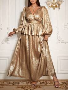 Roveilla Plus Size Women's Gold Elegant Wedding Dress,Autumn Metallic Pleated Blouse & A-Line Loose Maxi Skirt 2 Pieces Set,Luxury Party Evening Gown,Bronze - Gold - View 9