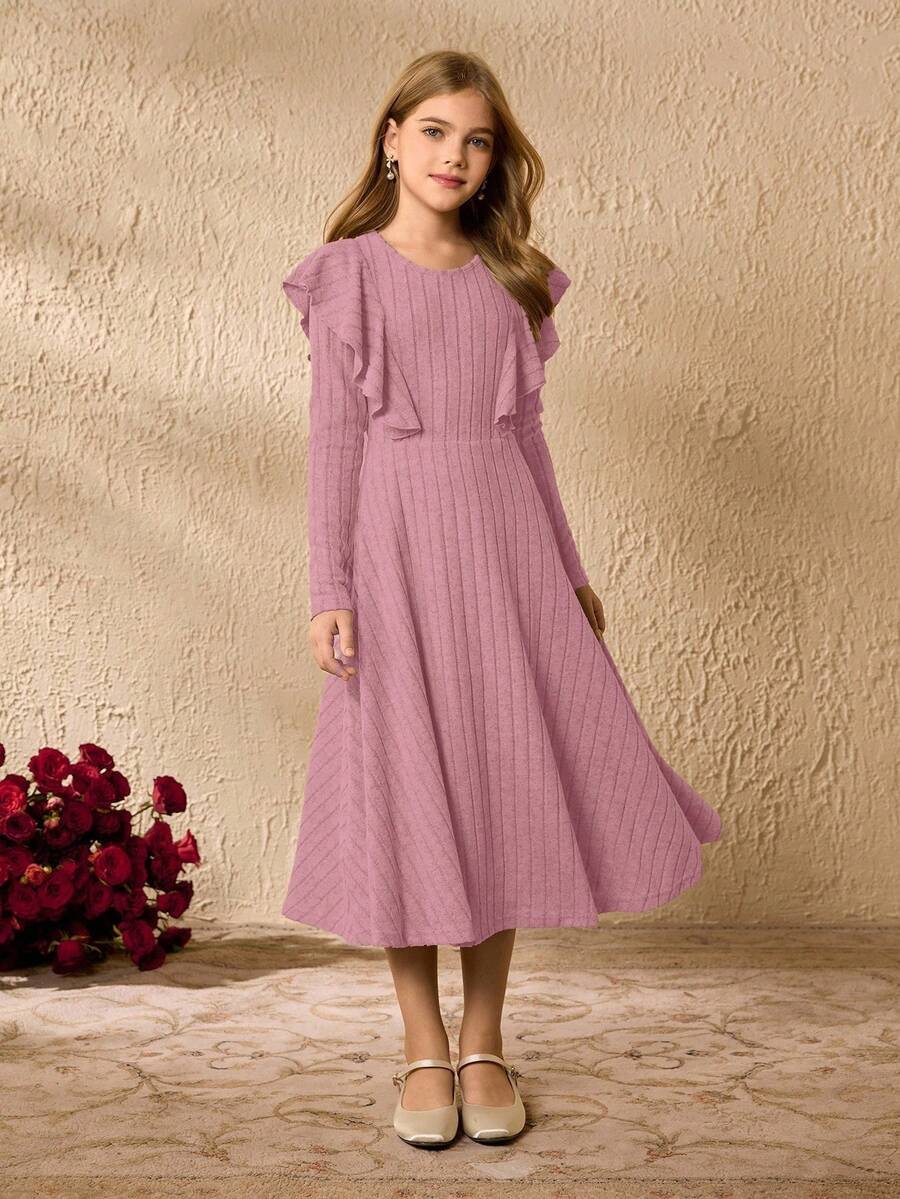 Tween Mädchen Kleid mit Rundhalsausschnitt, Langarm, Rüschen an der Taille, elegant für Halloween und Weihnachten - Pink - Übersicht 1