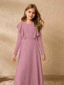 Tween Mädchen Kleid mit Rundhalsausschnitt, Langarm, Rüschen an der Taille, elegant für Halloween und Weihnachten - Pink - Übersicht 5