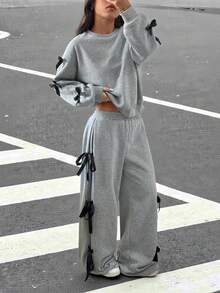 SHEIN EZwear 女士休闲宽松蝴蝶结装饰两件套 - 灰色 - 查看 5