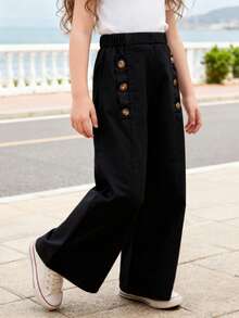 SHEIN 女童白色纽扣装饰前开衩喇叭裤 - 黑色 - 查看 3