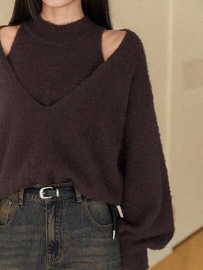 Dazy-Less 棕色宽松休闲百搭套头毛衣，时尚二合一设计，女士秋冬款