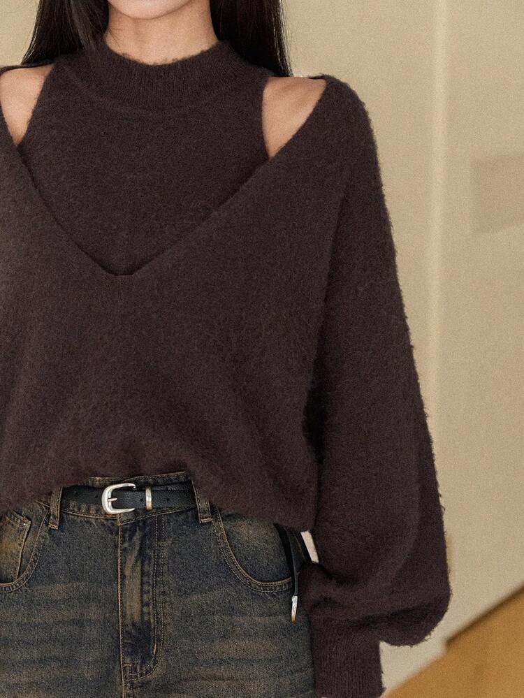 Brown Loose Casual Chic All-Match Pullover Sweater, Fashionable 2 In 1 Design For Women, Autumn/Winter