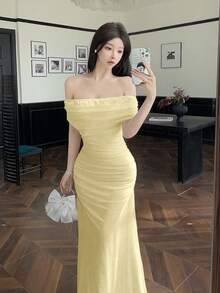Modelyn Women's Off Shoulder Ruched Waist Elegant Wedding/Party Dress Off Shoulder Dress Pale Yellow Dress Elegant Dress - Light Yellow - View 8