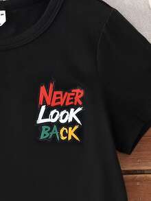 Young Boy Colorful Letter Print Round Neck Short Sleeve T-Shirt,Suitable For Casual Daily Outdoor Activities,Spring Summer Little Boys Kids Clothes - Black - View 5