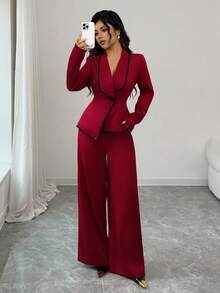 SHEIN Tall 两件套女士时尚撞色修身外套+纯色裤子套装 - 紅色 - 查看 12