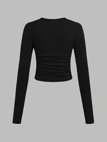 SHEIN EZwear 3件套女士加大码休闲纯色及豹纹圆领褶皱长袖T恤，秋季女装3件装露脐上衣，豹纹露脐上衣，猎豹纹露脐上衣，长袖露脐上衣，紧身露脐上衣 - 彩色 - 查看 8