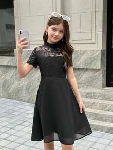 SHEIN Pitira 少女优雅黑色蕾丝A字公主裙，适合派对、情人节、母女装、姐妹装穿着 - 黑色 - 查看 5