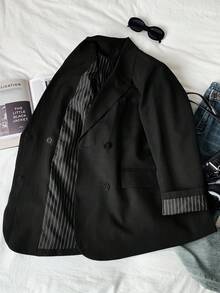 SHEIN EZwear 大码时尚黑色双排扣西装外套 - 黑色 - 查看 1