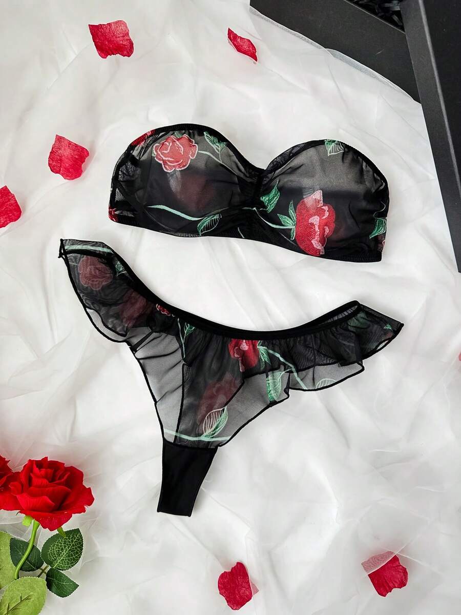 PetitDoll 2pcs Black Floral Print Sexy Women's Lingerie Set - Black - View 1