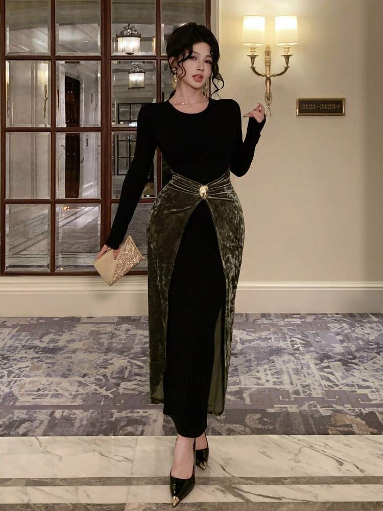 Elegant Black Velvet Metal Buckle Decor Shiny Black & Green Color Block Splice Dress, Suitable For New Year, Christmas, Wedding, Party, Formal Occasion, Fashion Fitted Midi Dress For Women Carnival Sparkly Dress