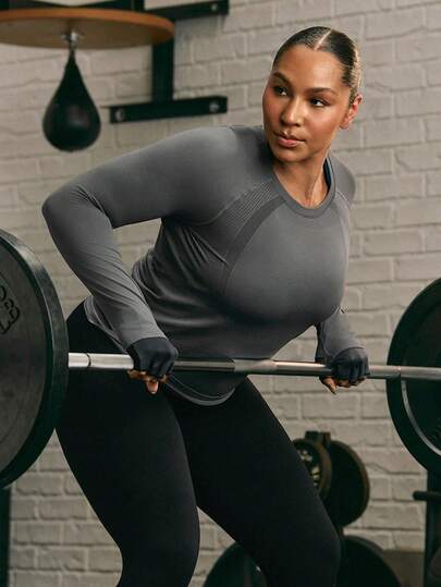 GLOWMODE Top de manga larga con cuello redondo, ajustado y sin costuras, de talla grande, que absorbe la humedad, para entrenamiento de impacto medio, para correr, hacer ejercicio, otoño, invierno y uso diario al aire libre