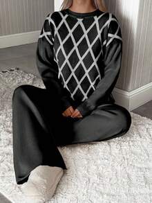 SHEIN Tall Tall Gold Lurex Jacquard Sweater Long Tunic And Solid Sweater Pants Set Elegant And Suitable For Modest Women Winter Sweater Set - Black and White - View 4