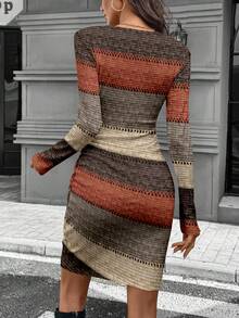 SHEIN LUNE Autumn Colorblock Ribbed Long Sleeve Ruched Waist Fitted Elegant Ribbed Short Dress For Women, Autumn/Winter Spring Knit Dresses For Women - Multicolor - View 2