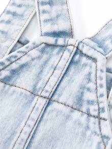 SHEIN Spodnie ogrodniczki z spranego jeansu dla dziewczynek, luźny kombinezon z kwiatowym nadrukiem - Jasny jeans - Zobacz 9