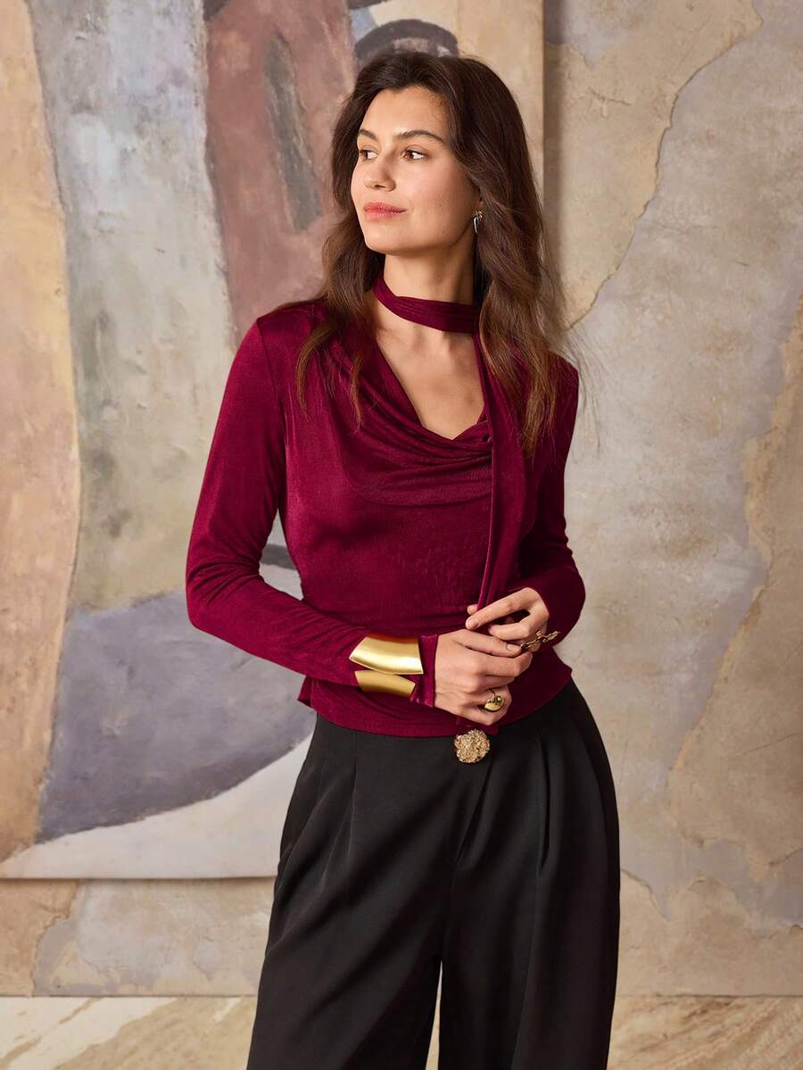 Hansera Femmes T-shirt ajusté à manches longues avec col drapé, volants et nœud devant. Couleur unie, convient pour le port quotidien, la Saint-Valentin, Noël, les rendez-vous, élégant, automne. T-shirt ajusté à manches longues, col drapé, volants et nœud devant, rouge, simple et élégant - Rouge foncé - Voir 1