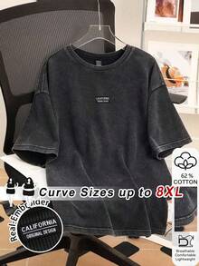 SHEIN CURVE+ Women's Plus Size Round Neck Short Sleeve Loose T-Shirt With Washed Snow Flake And Embroidery - Black - View 1
