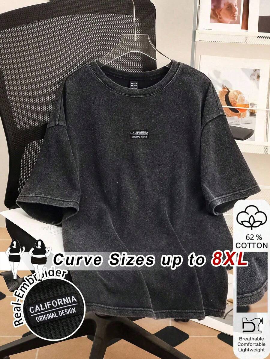 SHEIN CURVE+ Women's Plus Size Round Neck Short Sleeve Loose T-Shirt With Washed Snow Flake And Embroidery - Black - View 1