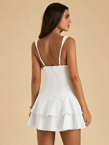 SHEIN BAE Casual Solid Color V-Neck Sleeveless Cinched Waist Women Mini Dresses - White - View 2