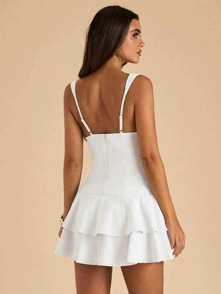 Elegant Solid-Color Mini Dress With Ruffled Hem For Women - Màu xanh lam - Xem 2