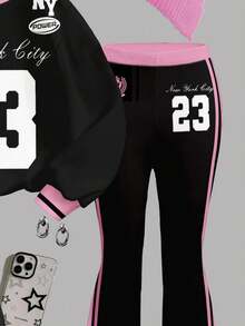 SHEIN Leap Crew Ensemble Sweat-shirt-shirt graphique rayé blocs de couleurs "New York 23" Y2K et pantalon évasé, tenue décontractée inspirée des sports vintage pour les préadolescentes, convient pour l'automne/l'hiver, les sorties, le style de rue, la maison, l'école en automne - Multicolore - Voir 4