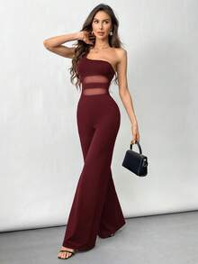 Firerie 女士优雅黑色露背吊带透视喇叭裤连体裤 - 酒紅色 - 查看 2