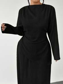 Firerie 大码女士优雅休闲办公套装，不对称褶皱腰身长袖衬衫+A字裙两件套，适合春、夏、秋、冬四季穿着。 - 黑色 - 查看 2