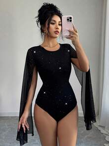 SHEIN Elenzya Elenzga Women's Sequin Print Glamorous Stand Collar Lantern Sleeve Sequin Bodysuit - Black - View 5