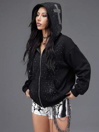 Bloopia 女士时尚黑色水钻连帽外套