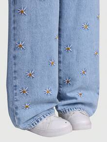 SHEIN ChillGRL 少女时尚刺绣阔腿水洗牛仔裤，春夏秋冬牛仔女童向日葵夏季牛仔裤校园Y2K少女90年代儿童女孩90年代少女Y2K印花花朵牛仔裤阔腿牛仔裤女孩宽松牛仔裤青少年女孩牛仔裤刺绣Y2K牛仔裤女孩 - 藍色 - 查看 7