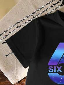 男童数字星空图案印花T恤和裤子套装（2件套），时尚休闲舒适黑色圆领T恤和长裤 - 彩色 - 查看 6