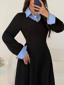 Mulvari Women's Elegant Black Long Sleeve Blue Striped Cinched Waist Arabic Dress, Autumn - Black - View 5