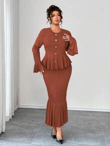 Elenzga 大码女装两件套，高弹针织宽条纹纹理面料，收腰设计，喇叭袖，鱼尾裙摆，优雅适合外出、下午茶、通勤等场合，时尚舒适，大码，深灰色，秋冬长袖连衣裙两件套 - 摩卡棕 - 查看 5