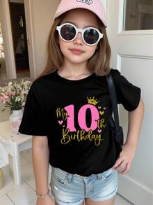 Tween Girl 10th Birthday 3D Sequin Crown Graphic Round Neck Short Sleeve Black T-Shirt - Black - View 3