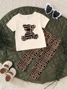 SHEIN Playful Pals Baby Mädchen Lässig Mode kreatives Bären- & geometrisches Muster bedrucktes Kurzarm T-Shirt und Leggings Set - Verschiedenfarbig - Übersicht 3