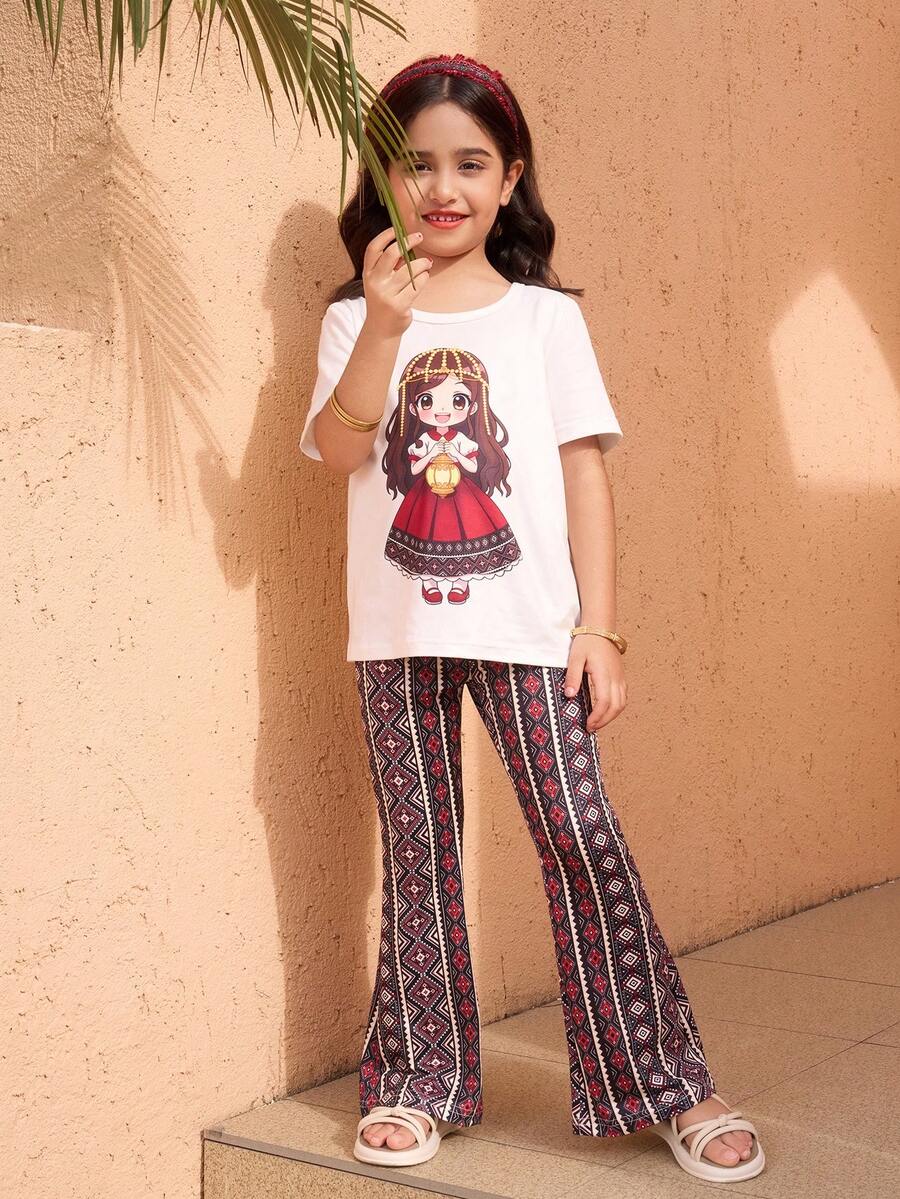 2pcs Girls Ramadan Crescent Moon Print Short Sleeve Top & Diamond Pattern Flare Pants Set, Suitable For Daily Outings, Spring/Summer - Black - View 1