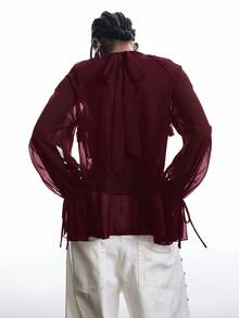 LYSMO Women's Solid Color Keyhole Neck Flare Sleeve Ruffle Trim Fashion Blouse - Burgundy - View 4