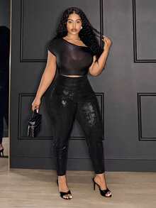 Slaydiva Quần legging bó cạp cao màu đen cỡ lớn dành cho nữ - màu đen - Xem 5