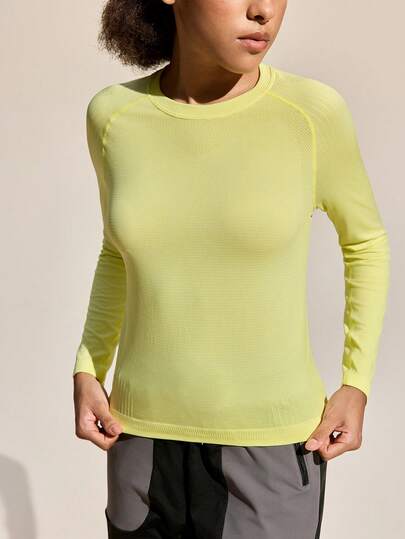 Exploreva 女士户外运动T恤；无缝裸色户外跑步健身上衣；修身圆领瑜伽长袖