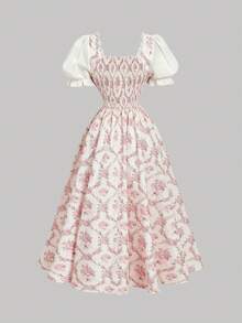 SHEIN MOD 复古碎花拼接连衣裙，女士春季连衣裙，度假装扮，海滩度假服，波西米亚风连衣裙，复古富贵风 - 彩色 - 查看 4