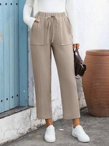 EMERY ROSE Women's Casual Elastic Waist Straight Leg Pants, Autumn Women Casual Pants Women Summer Pants Paper Bag Pants Lace Up Pants - Volcanic Gray - View 8