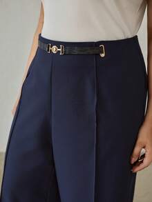 MOTF PREMIUM PLUS SIZE METAL BUCKLE FAUX LEATHER STRAP DECOR WIDE LEG PANTS - Navy Blue - View 2