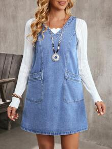 EMERY ROSE 女士休闲无袖牛仔连衣裙，带双口袋 - 藍色 - 查看 7