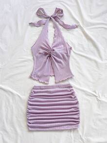 Soleia Bộ đồ 2 mảnh New Knit Texture Resort Metallic Decor Áo hai dây ngắn & Chân váy mini cạp thấp Bộ đồ 2 mảnh màu hoa oải hương Bộ đồ 2 mảnh màu tím Bộ đồ 2 mảnh màu hoa oải hương Bộ đồ mùa hè cho nữ Bộ đồ 2 mảnh có gân - Màu tím hoa cà - Xem 5