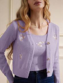 Revavyn 2pcs Women Floral Embroidery Long Sleeve Knitted Cardigan And Camisole Knit Top Set, Autumn/Winter - Lilac Purple - View 4