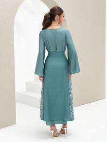 Al Najma Đầm nữ cổ chữ V in hoa buộc eo tay loe phong cách Ả Rập thanh lịch, kín đáo, thích hợp cho các buổi hẹn hò và kỳ nghỉ - màu xanh lá - Xem 6