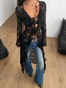 Coolane Women's Fall/All-Season Rave Renaissance Fair Hippie Music Festival Gyaru Lace Straps Ruffle Ribbon Long Coat /Cover Up